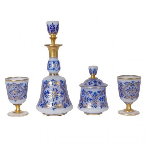 Frosted opaline glass drinks set with blue overlay