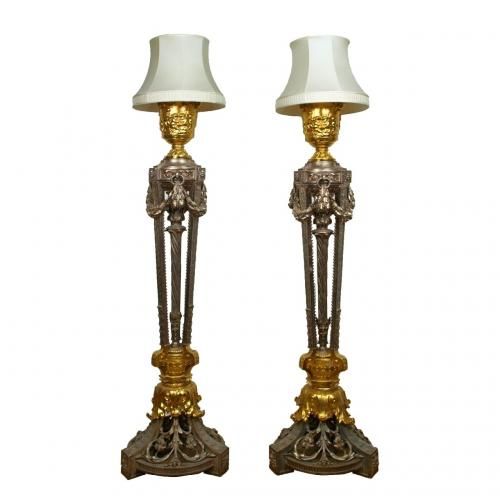 Pair of silvered and gilt cast iron antique floor lamps