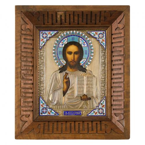 Russian silver gilt and enamel icon of Christ Pantocrator