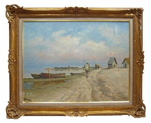 Seascape with Fishermen, oil painting in giltwood frame