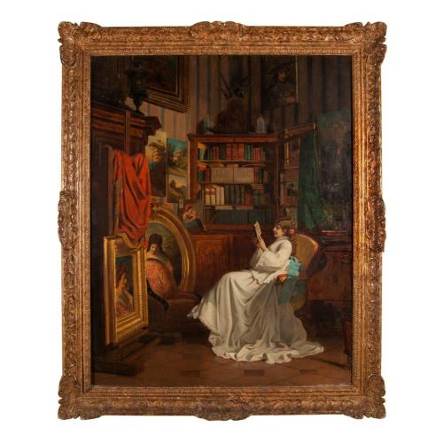 Antique oil painting of a seated lady by A. Leonardon