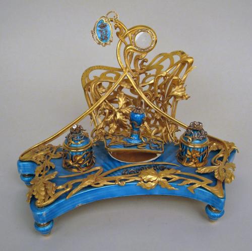 Guilloche enamel, diamond and silver gilt antique desk set