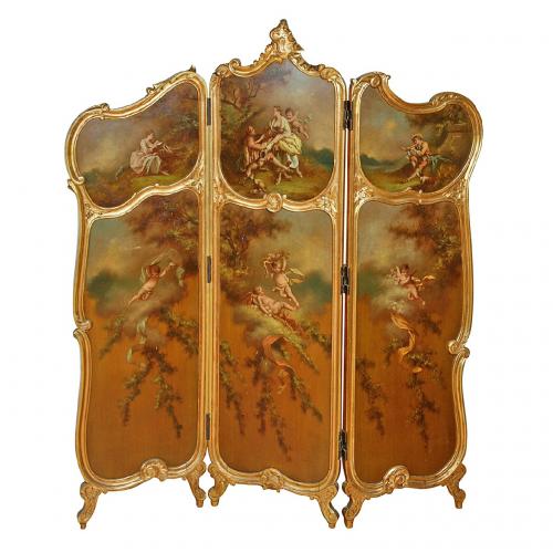 Giltwood and painted antique French three panel screen