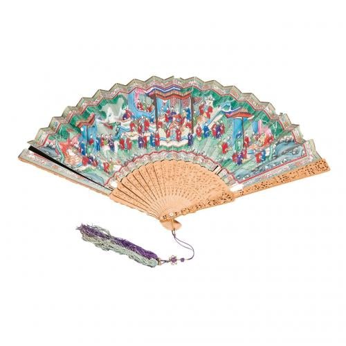 Antique Chinese wood, ivory and gouache painted paper fan