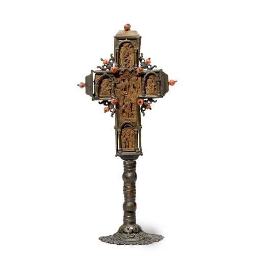 Coral mounted silver and carved wood antique cross