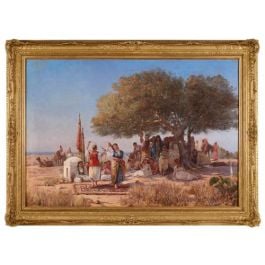 Large Orientalist oil painting of a traditional sword dance by