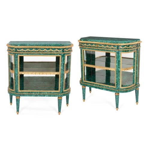 Pair of Louis XVI style ormolu and malachite desserte consoles