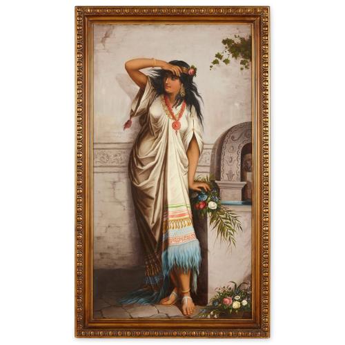 Continental Orientalist oil painting of a young woman with flowers