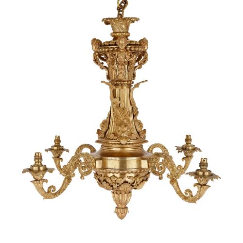 Large Régence style antique ormolu four-light chandelier