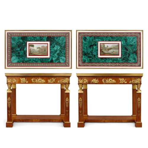 Pair of rare micromosaic and malachite walnut console tables