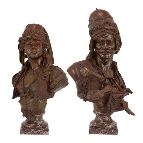 Large pair of Orientalist patinated bronze busts by Guillemin