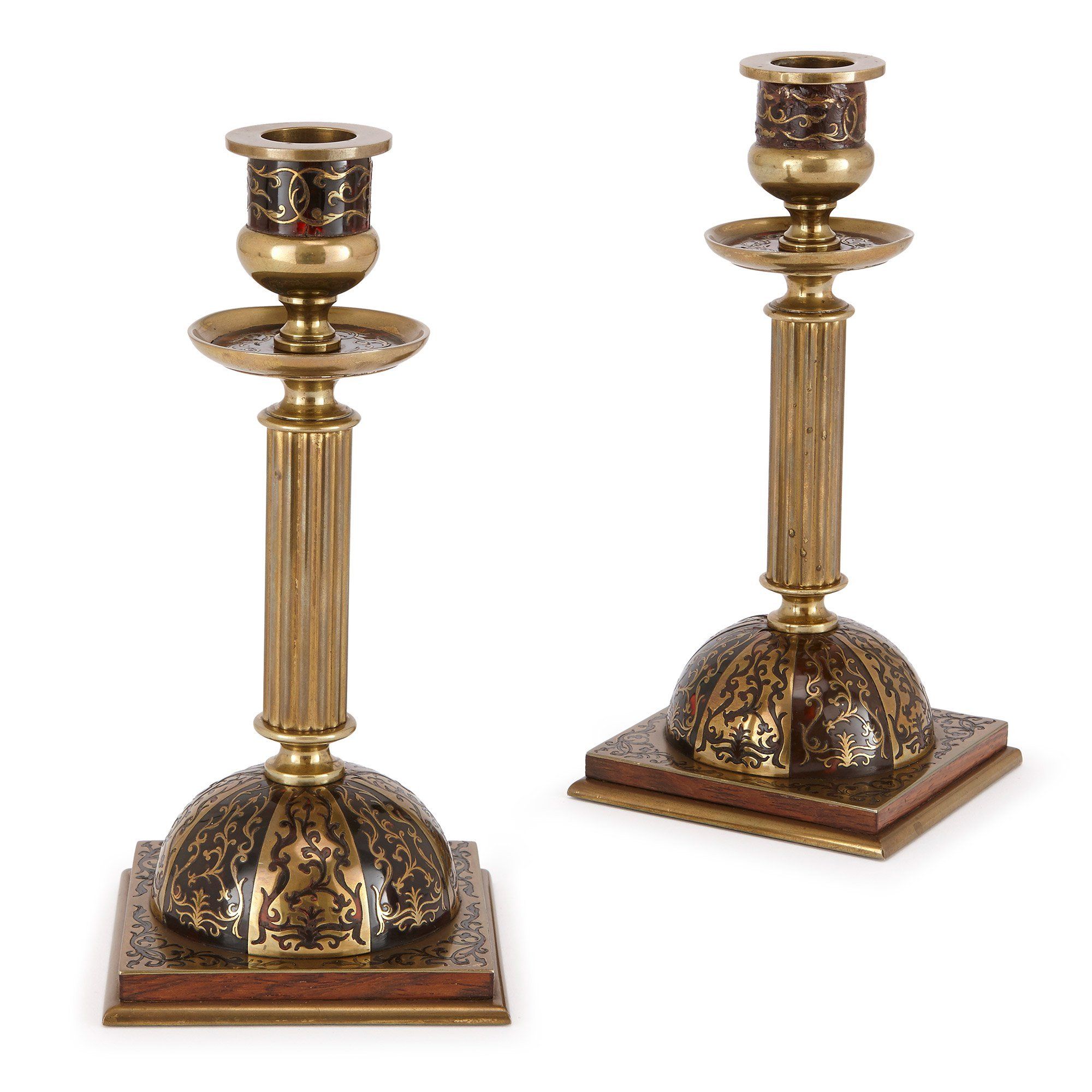 Pair Of Antique Brass Candlesticks With Boulle Decorations