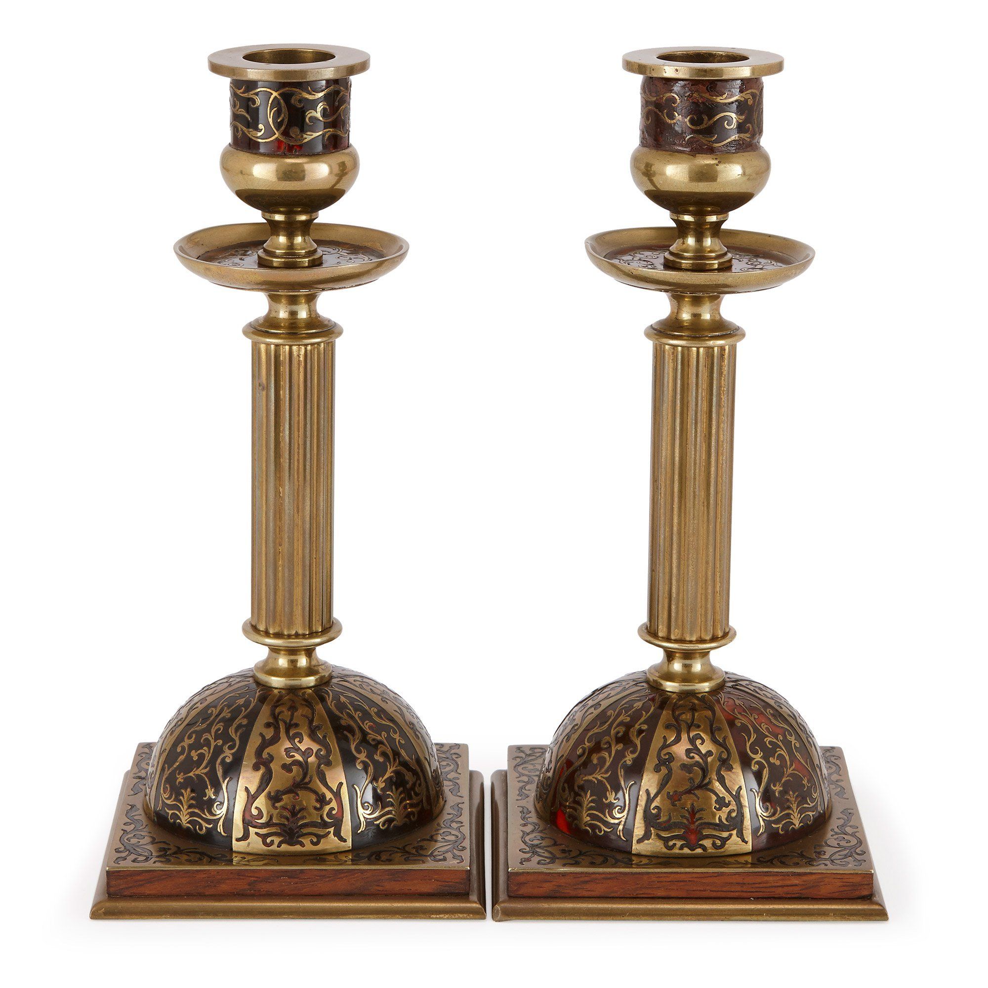 Pair Of Antique Brass Candlesticks With Boulle Decorations