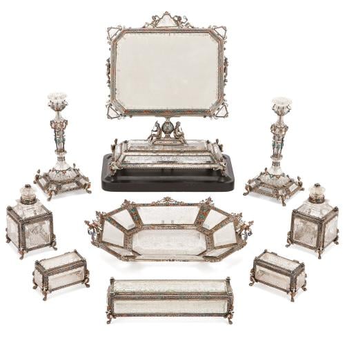 Viennese enamel, rock crystal and silver toilet set