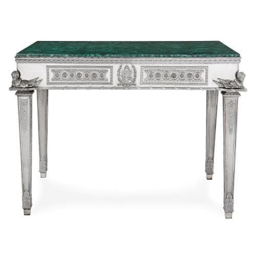 Imperial silver and malachite table by Grachev Brothers
