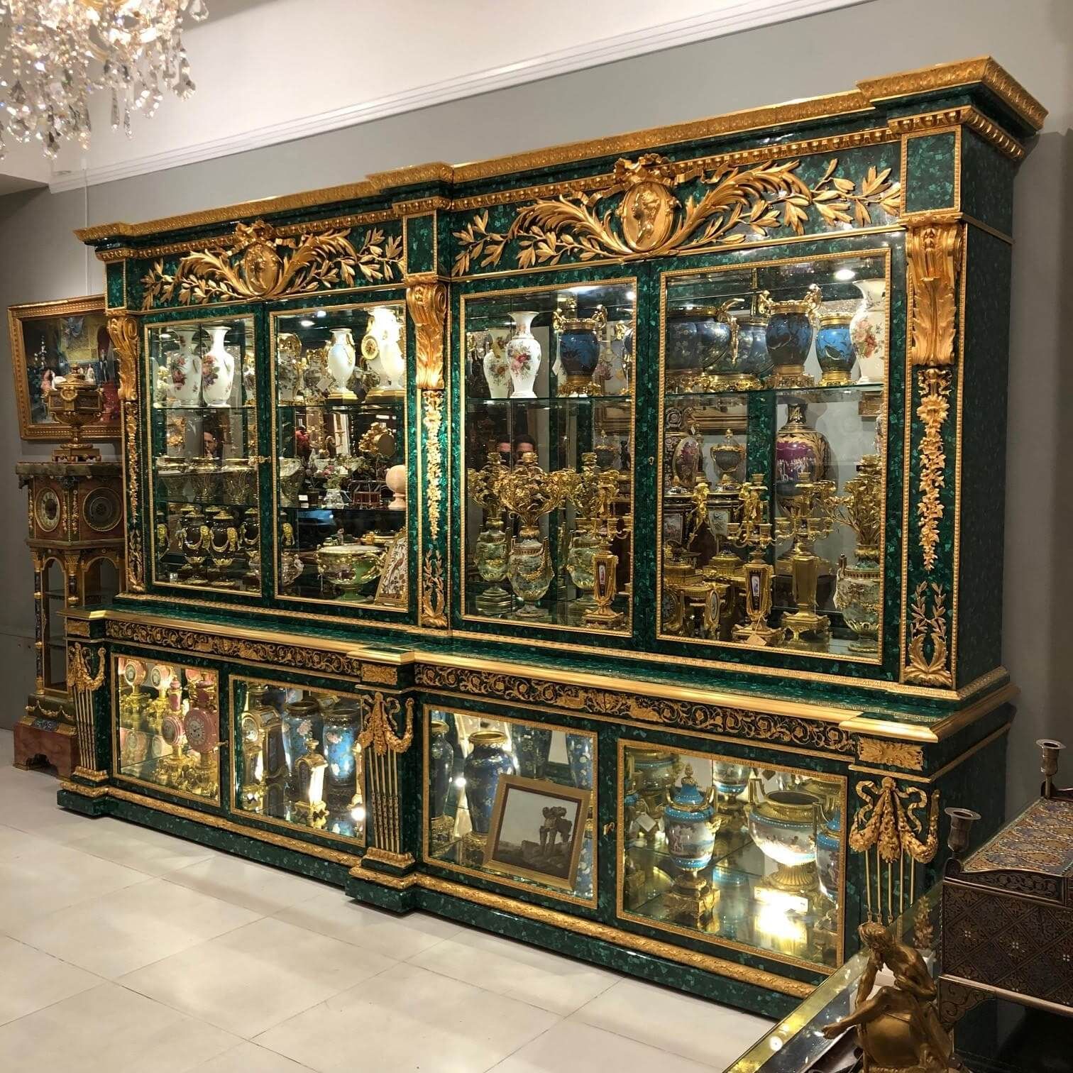 Very Large Ormolu Mounted Malachite Display Cabinet Mayfair Gallery