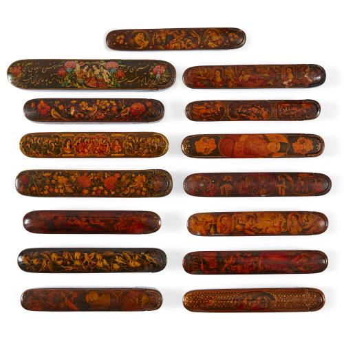 Collection of fifteen Persian Qajar period lacquered pen boxes