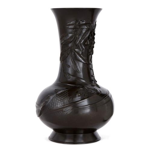 One gold shakudo Meiji period bronze vase with carp and wisteria
