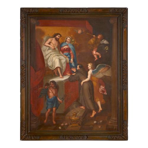 Large antique Christian painting of the vision of St Francis