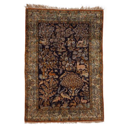 Persian silk Qum rug with a woodland design