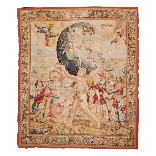 Large tapestry depicting Hercules carrying a celestial sphere 