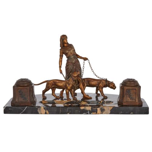 Austrian cold-painted bronze and marble inkstand by Bergman
