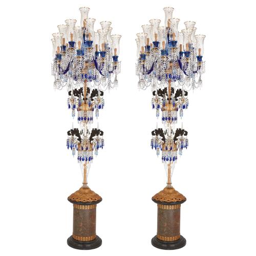 Pair of monumental Bohemian cut glass, marble, and bronze candelabra
