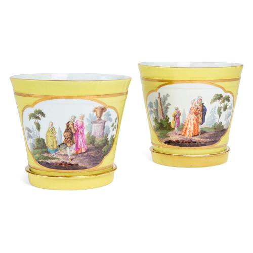 Pair of antique painted porcelain cachepots by Meissen