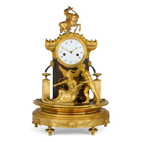 Antique Empire period gilt and patinated bronze mantel clock