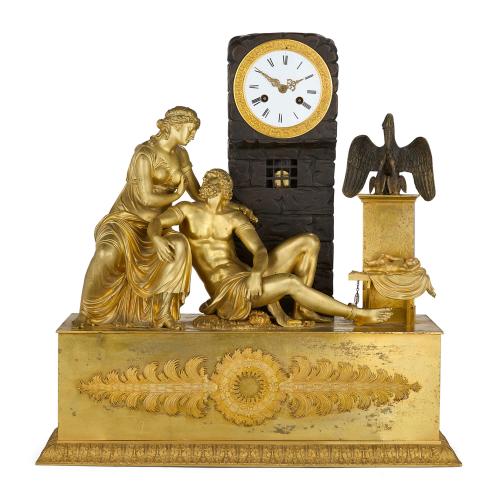 Antique French Empire period gilt and patinated bronze mantel clock 