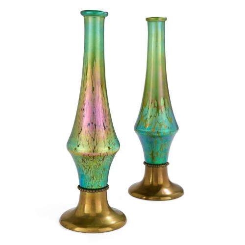 Pair of large Austrian Art Nouveau art glass and gilt metal vases