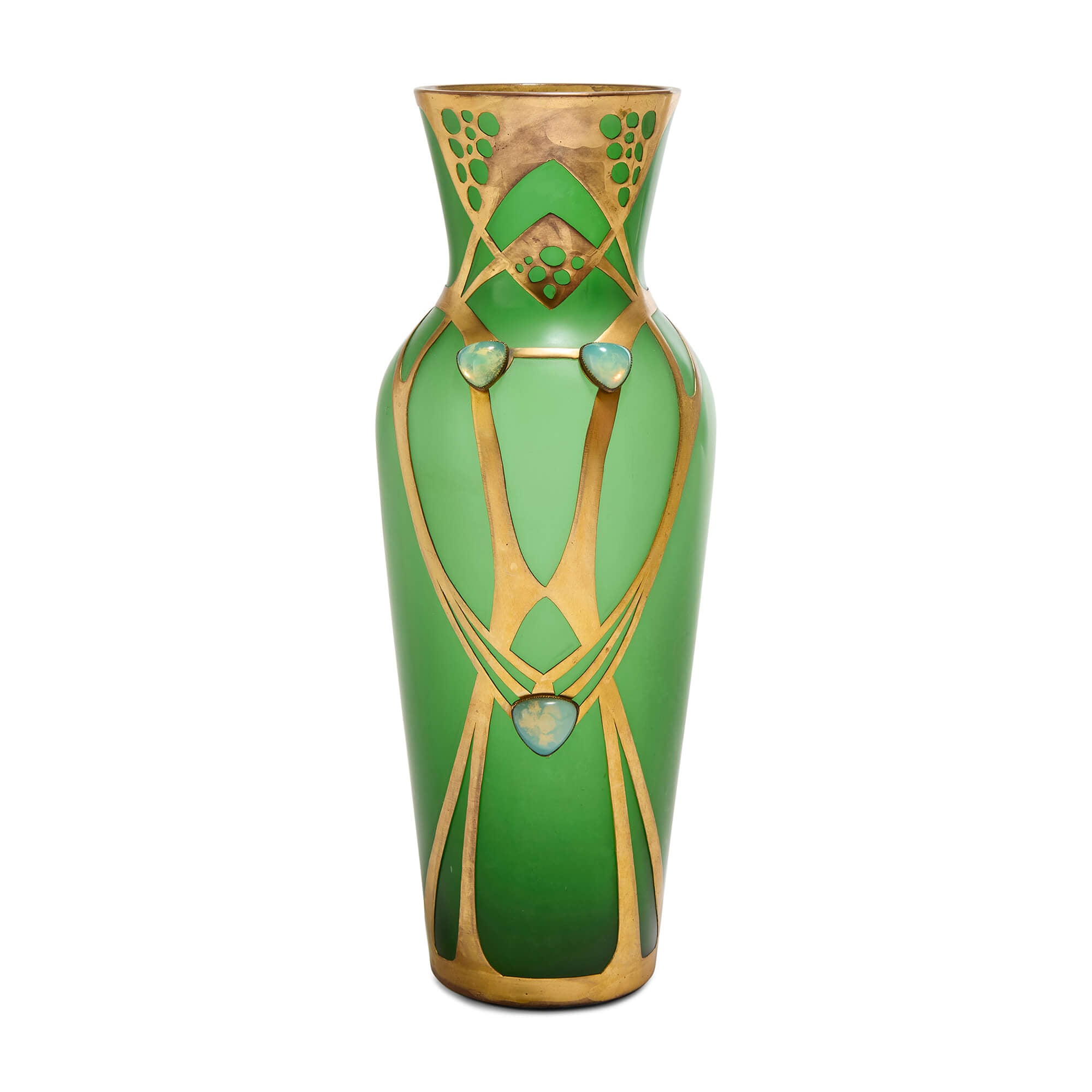 Antique Austrian Art Nouveau gilt metal mounted green glass vase Antique Austrian Art Nouveau gilt metal mounted green glass vase