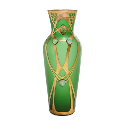 Antique Austrian Art Nouveau gilt metal mounted green glass vase