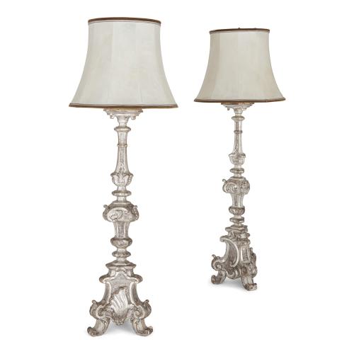 Pair of antique Continental silvered wood floor lamps 