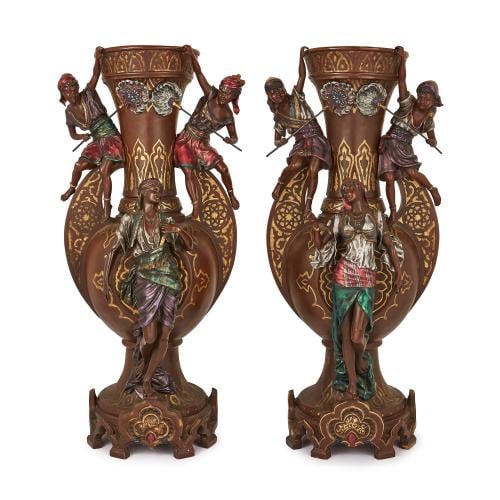 Large pair of Orientalist cold painted spelter vases