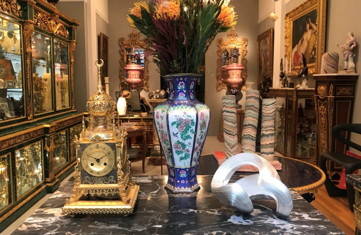 Nan Nan Liu's silver sculpture alongside 19th century antiques