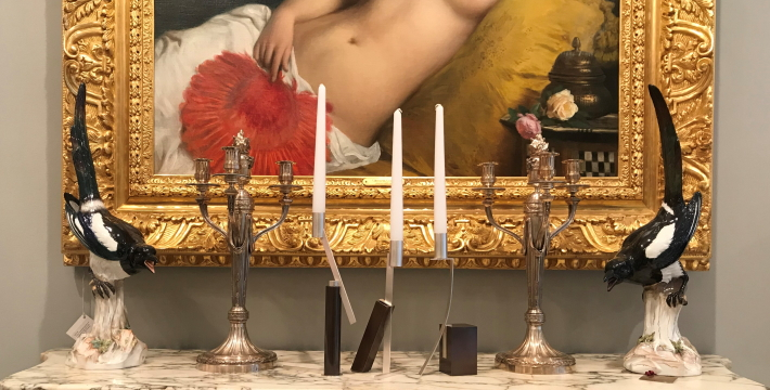 Rebecca de Quin's silver candlesticks on display with 19th century examples