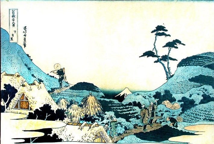 landscape with two falconers by hokusai