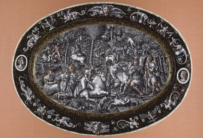 Limoges grisaille enamelled platter depicting the Rape of Europa, c. 1560