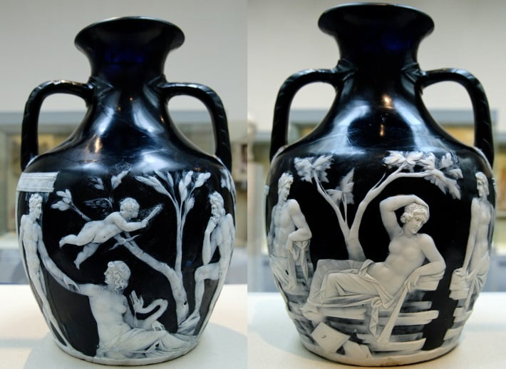 Front and back view of the Portland Vase, on display at the British Museum Front and back view of the Portland Vase, on display at the British Museum